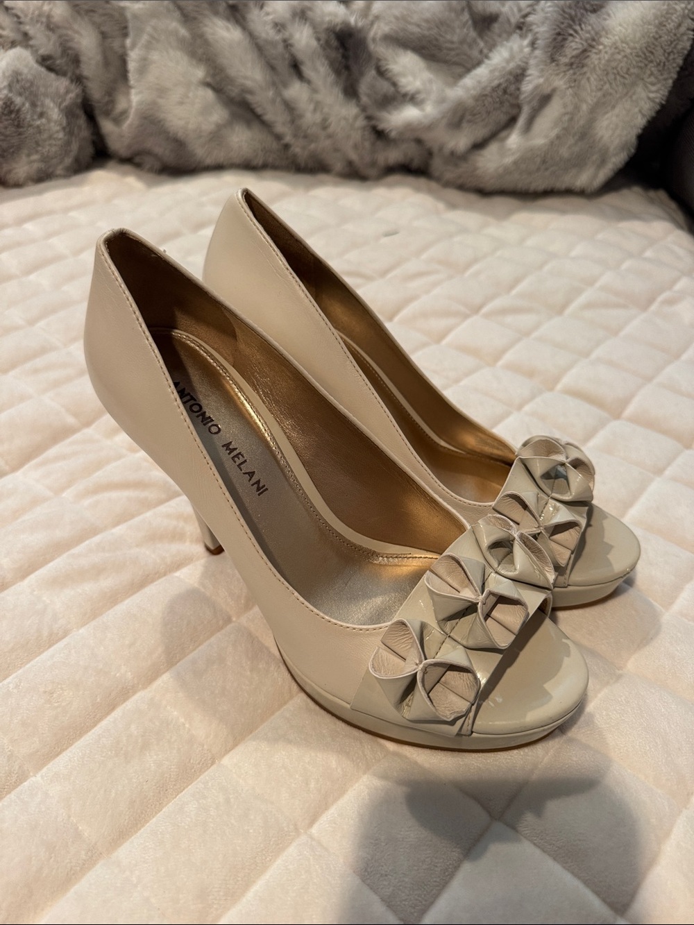 ANTONIO MELANI Cream Patent Peep-Toe Pumps with 3D Accents